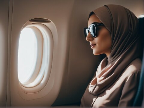 Beautiful Arab young woman in hijab and sunglasses flying in an airplane