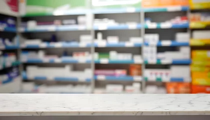 Foto op Canvas Pharmacy marble table counter with medicines healthcare product arranged on shelves in drugstore blurred defocused background © Baloch