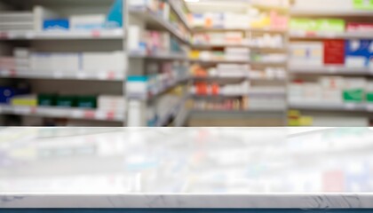 pharmacist at pharmacy, Pharmacy marble table counter with medicines healthcare product arranged on shelves in drugstore blurred defocused background