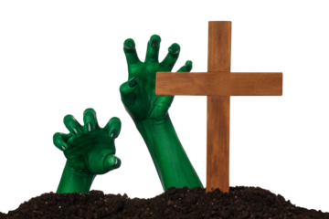 PNG, zombie hands sticking out of the ground, isolated on white background.
