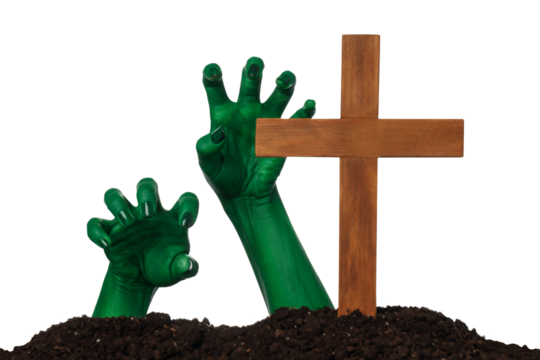 PNG, zombie hands sticking out of the ground, isolated on white background.