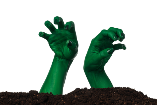 PNG, zombie hands sticking out of the ground, isolated on white background.