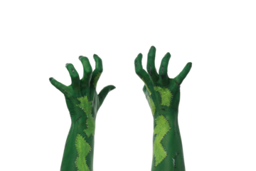PNG green zombie hands isolated on white background.