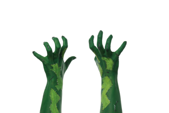 PNG green zombie hands isolated on white background.