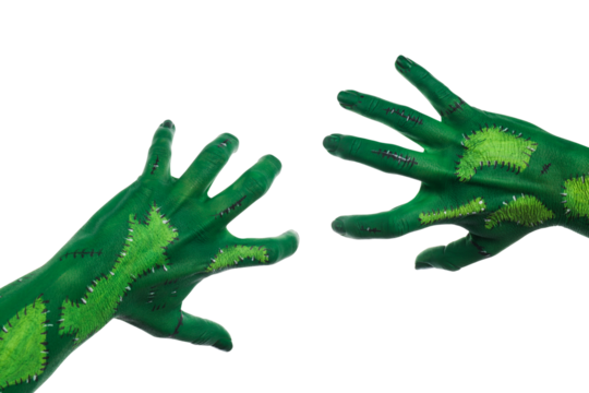 PNG green zombie hands isolated on white background.