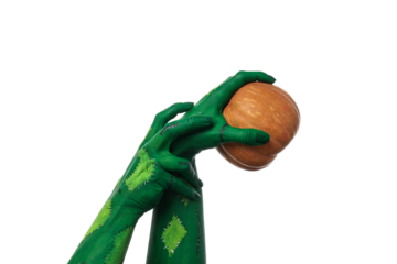 PNG, green zombie hands holding a pumpkin, isolated on white background.