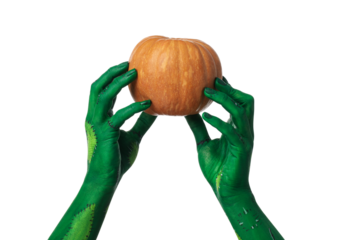 PNG, green zombie hands holding a pumpkin, isolated on white background.