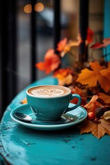 A blue cup of coffee, cappuccino on a table in a café. candle, cozy