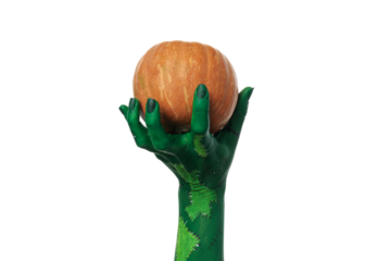 PNG, green zombie hands holding a pumpkin, isolated on white background.
