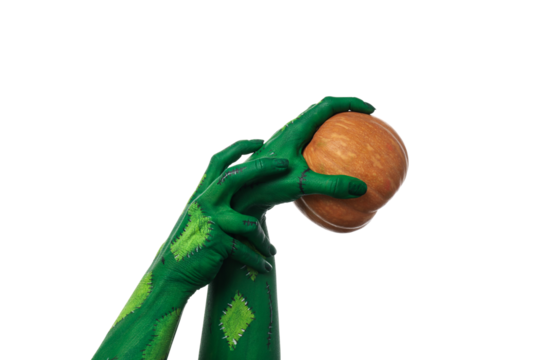 PNG, green zombie hands holding a pumpkin, isolated on white background.
