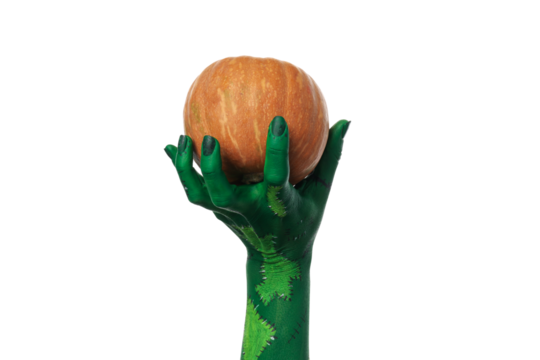 PNG, green zombie hands holding a pumpkin, isolated on white background.