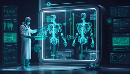 Röntgenaufnahme mit KI Unterstützung künstlicher Intelligenz in der Medizin Radiologie Strahlentherapie Generative AI Forschung Wissenschaft Gehirnströme  - obrazy, fototapety, plakaty