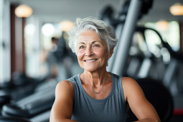 Fototapeta na wymiar Portrait of happy senior woman in gym