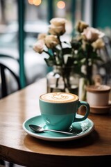 Fototapeta premium A cup of coffee, cappuccino on a table in a café. candle, cozy