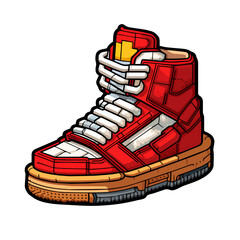 One cool sneaker illustration in a pixel art style. Red fashionable 8-bit shoe isolated on white