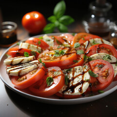 Italian caprese salad with sliced tomatoes, mozzarella cheese, basil, olive oil. Served in vintage metal plate on textile napkin over dark metal background.