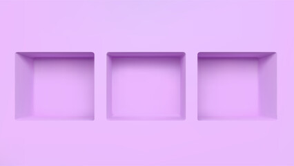 3d pink empty wall niche shelf frame. Museum or gallery display showcase hole. Three recess exhibition window candy color for store exposition place. Advertising abstract render interior scene. © Mariia
