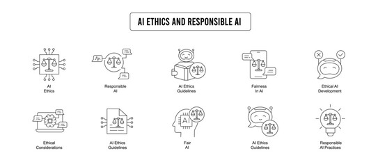 Explore the ethical aspects of AI and responsible AI development with this subset. Icons include AI ethics guidelines, responsible AI practices, and fairness in AI.