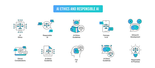 Explore the ethical aspects of AI and responsible AI development with this subset. Icons include AI ethics guidelines, responsible AI practices, and fairness in AI.