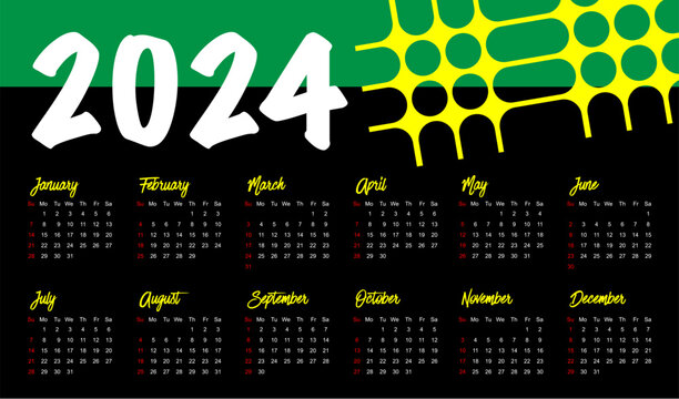 Calendar 2024 week start Sunday fun and modern design planner template. hype style, for office wall or startup