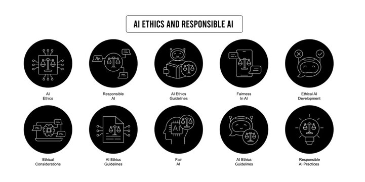 Explore the ethical aspects of AI and responsible AI development with this subset. Icons include AI ethics guidelines, responsible AI practices, and fairness in AI.