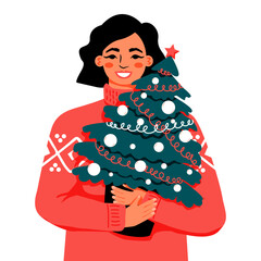 Woman with  Christmas tree. Vector illustration. Perfect for a postcard or poster for winter holidays