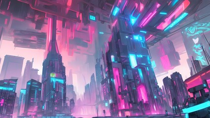 futuristic cityscape at sunset with neon lights and a cyberpunk vibe