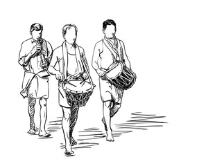 Group of musicians playing drums and flute, Drawing of faceless Indian three person street orchestra walking barefoot, Vector simple sketch, Hand drawn illustration isolated