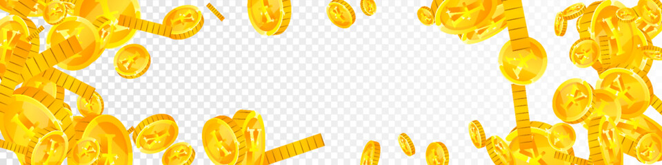 Japanese yen coins falling. Scattered gold JPY - obrazy, fototapety, plakaty