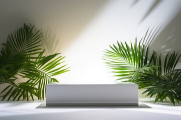Beauty product photo background: smooth rectangular white podium in hard sunlight with palm tree leaf on white background, negative space