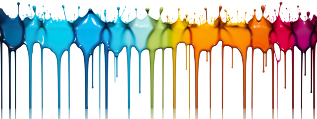 Dripping paint on transparent background. Mixing different colored paints, artistic painting, colorful.  Wide long banner style . Generative AI