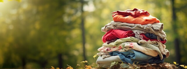 Large stack of various cotton clothes for recycling or charity. Banner, place for text - obrazy, fototapety, plakaty