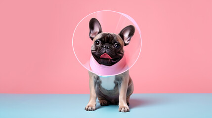 Cute dog in a plastic medical cone after surgery on a pink and blue background with copy space