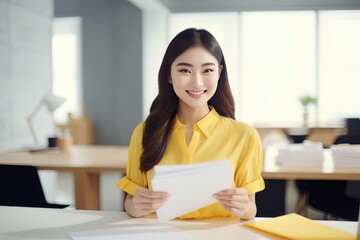 Portrait of Happy Asian Woman Manager Holds Paper in Modern Office, Smiling Female Holding CV for Job Interview, Bueatiful Accountant with Financial Reports Paper
