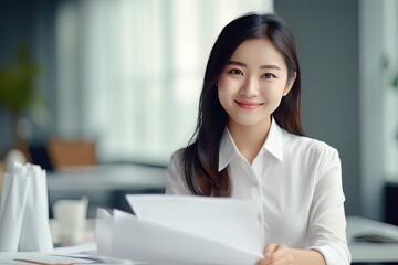Portrait of Happy Asian Woman Manager Holds Paper in Modern Office, Smiling Female Holding CV for Job Interview, Bueatiful Accountant with Financial Reports Paper