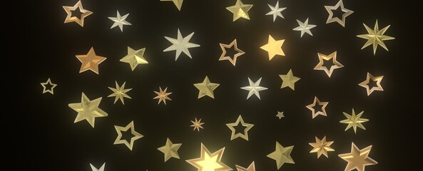 Banner with golden decoration. Festive border with falling glitter dust and stars.