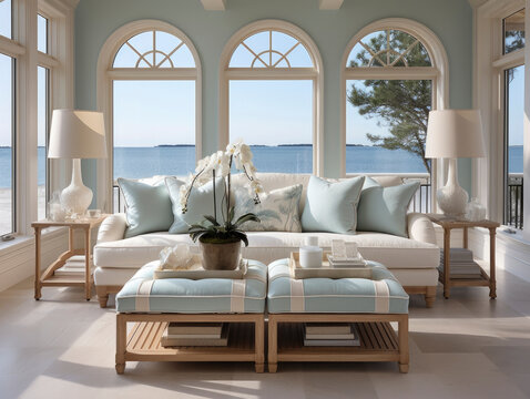 Coastal interior design. Interior photography of a residential timber deck in a coastal style home with furniture table setting