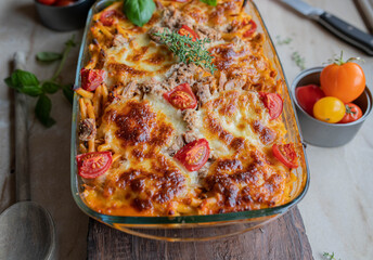 Noodle casserole with tuna, tomato cream sauce and cheese topping. Pasta tuna bake