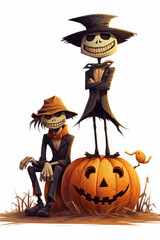 Cartoon of a halloween scarecrow. White background. Generative AI.