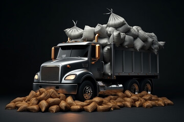 a cartoon dump truck is driving through a pile of money