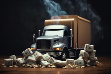 a cartoon dump truck is driving through a pile of money