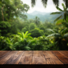Wooden table top on blur background of amazon rainforest