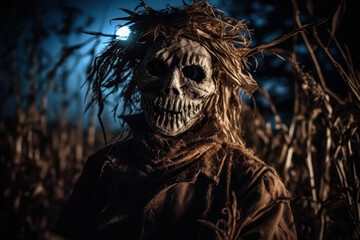 Terrifying scarecrow on a terrifying night, in a corn field. Generative AI.