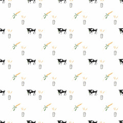 seamless pattern drawn by hand. cute cow with bow and can. farm rural life rustic style for printing on textiles, packaging, scrapbooking.