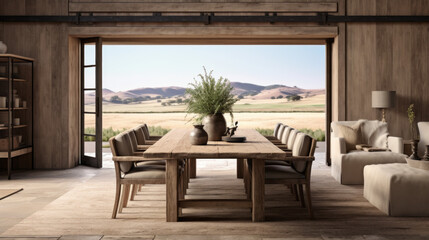 Fototapeta premium Farmhouse Chic: A blend of rustic and modern design with a farmhouse dining table, leather chairs, and a barnwood coffee table. A sliding barn door separates the space