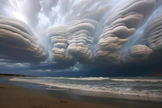 Undulatus Asperatus Clouds: These rare, wave-like cloud formations resemble a rough sea surface and can create dramatic and surreal skies during storms. Generative ai