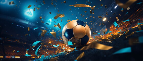 Soccer ball ! Close up of a soccer ball in the center of the football stadium illuminated by the headlights with falling confetti. Goal Winning celebration as its peak moment. Generative ai - obrazy, fototapety, plakaty
