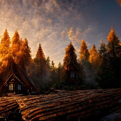 beautiful detailed log house in front of beautiful fir autumn forest detailed log house with Nordic wood carved patterns on it morning ethereal sky cinematic lighting perfect shading unreal engine  - obrazy, fototapety, plakaty
