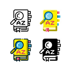 Dictionary book icon represented with a magnifying glass and a book