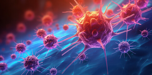 cancer virus cell 3d graphic, bright colours, covid style flu virus in blue and purple tones, generative ai